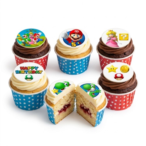 Assortment of Super Mario themed birthday cupcakes with character and game element toppers, some with 'Happy Birthday' message.