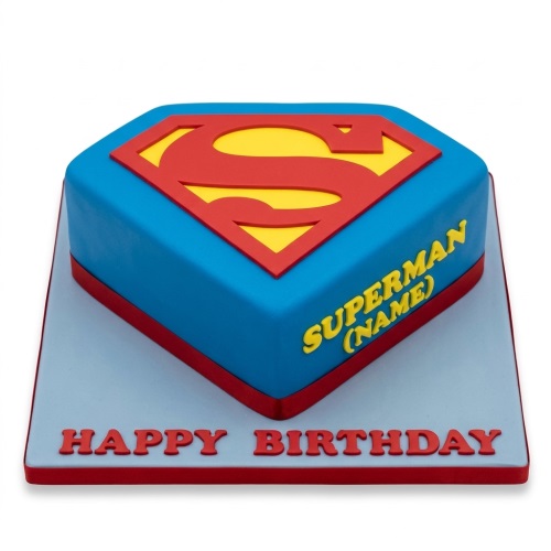 Blue hexagonal Superman shield birthday cake with red and yellow logo and 'Happy Birthday' message.