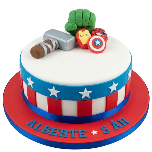Round superhero birthday cake with Hulk, Thor, Iron Man, Spider-Man, Captain America toppers, red, white, and blue design.