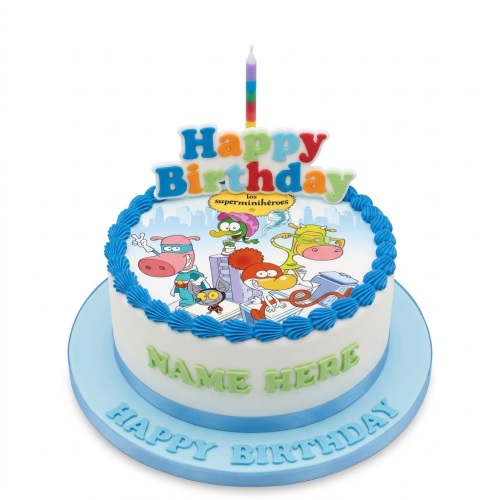 Round white cake with Los Superminiheroes cartoon characters, blue piping, a 'Happy Birthday' topper, and a rainbow candle.