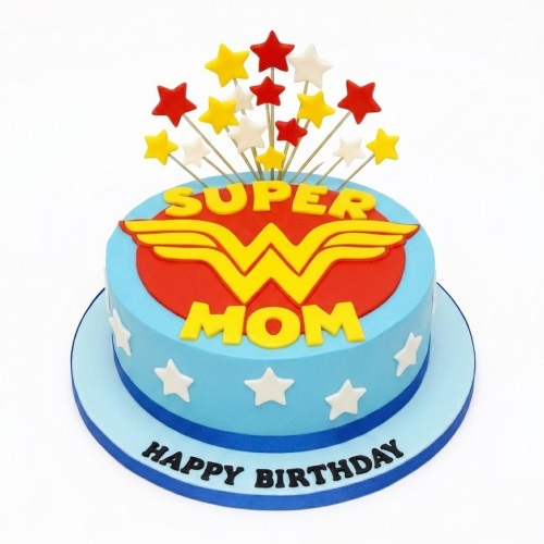 Round blue fondant cake with red and yellow superhero logo, 'Super Mom' text, and star toppers.