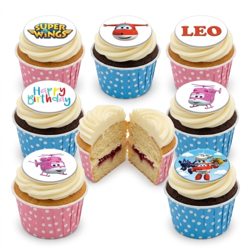 Super Wings themed cupcakes with character toppers, logo, and example personalised name and happy birthday messages.