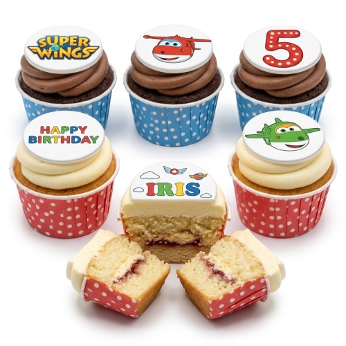 Super Wings themed birthday cupcakes with Jett, Dizzy, Donnie characters, Super Wings logo, and custom age toppers.