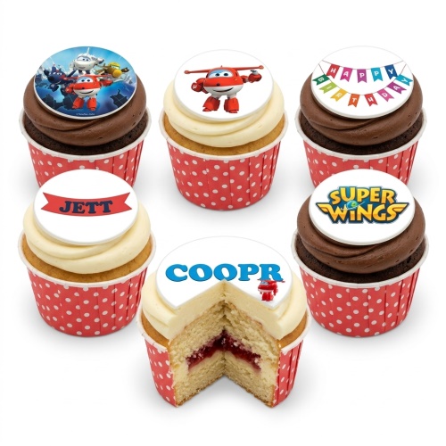 Super Wings themed cupcakes with Jett, other characters, and custom name toppers.