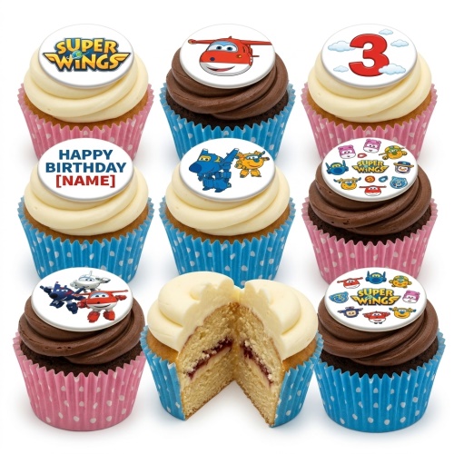 Super Wings character cupcakes with custom age and name toppers