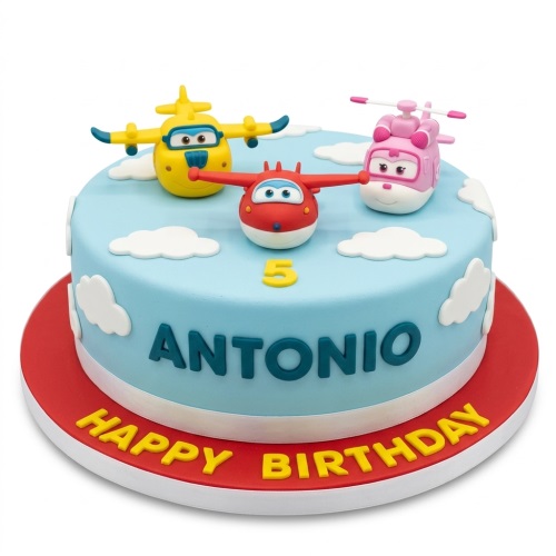 Super Wings themed birthday cake with Jett, Dizzy, Donnie characters and custom age.