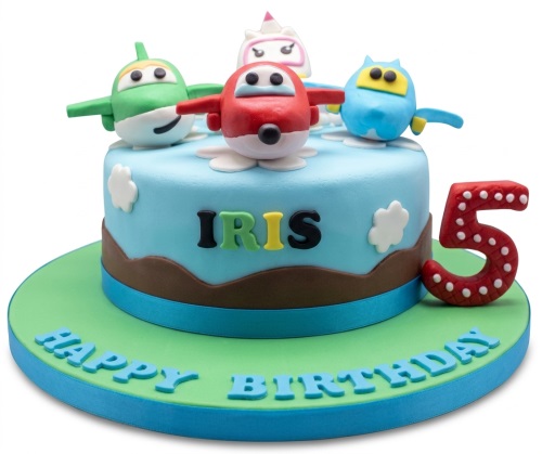 Super Wings themed birthday cake with Jett, Dizzy, Donnie, and custom age topper