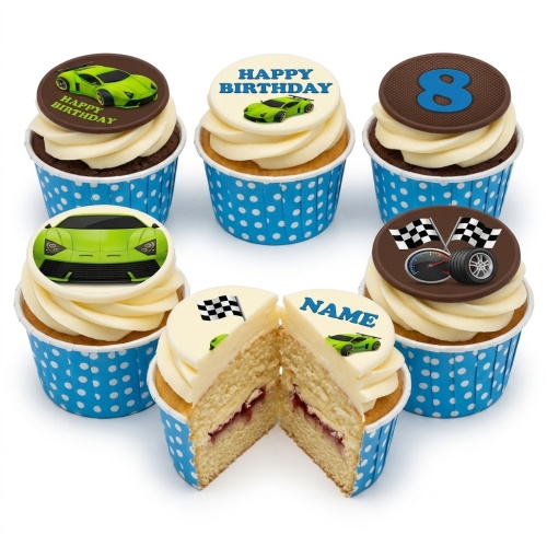 A set of sports car themed birthday cupcakes with green cars, racing flags, speedometer, and custom age and name toppers.