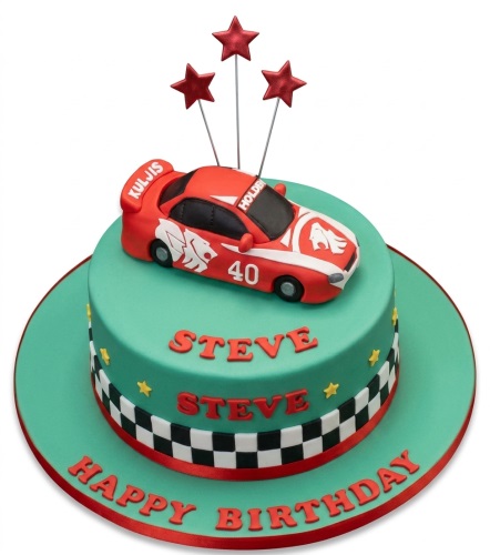 Teal racing car birthday cake with red car, stars, and custom age '40'