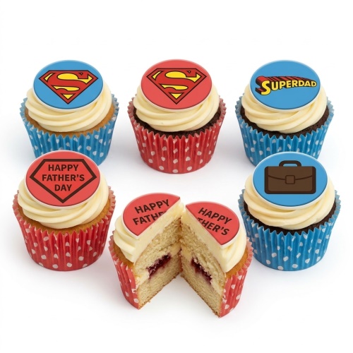 Father's Day cupcakes with superhero, Superdad, Happy Father's Day, and briefcase toppers.