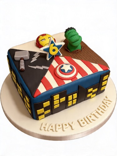 Square Avengers superhero cake with Iron Man, Hulk, Thor's hammer, Captain America's shield, city skyline, and a custom age topper.