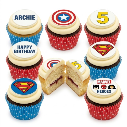 Superhero themed cupcakes with various hero logos and custom age/name toppers.