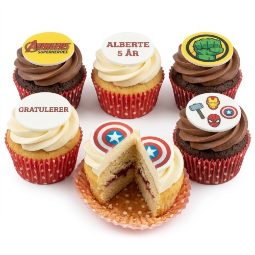 Avengers superhero cupcakes with various Marvel character toppers and custom age option.