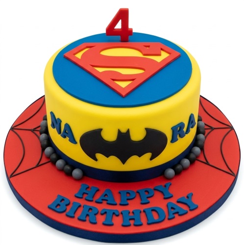 Round superhero birthday cake with Superman, Batman, and Spider-Man elements, custom age topper.