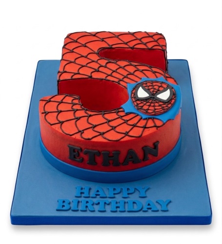 Spider-Man themed custom age number birthday cake with personalised name.