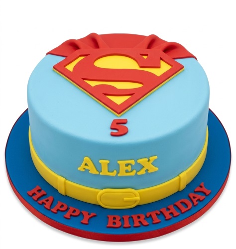 Round blue Superman birthday cake with red 'S' logo, red cape, yellow belt, and custom age topper.