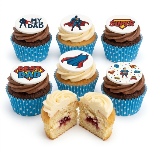 A set of Superman themed cupcakes with "My Super Dad" and "Best Dad" toppers, featuring chocolate and vanilla frosting in blue polka dot cases. One cupcake is cut open revealing a jam filling.