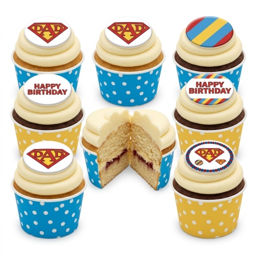Vanilla and chocolate cupcakes with 'DAD' superhero shield and 'Happy Birthday' toppers in blue and yellow polka dot cases.
