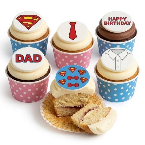Cupcakes with Superman logo, red tie, white shirt, and custom message toppers.