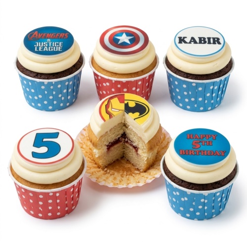 Superhero themed cupcakes with iconic comic book hero toppers, custom age, and personalised name examples.