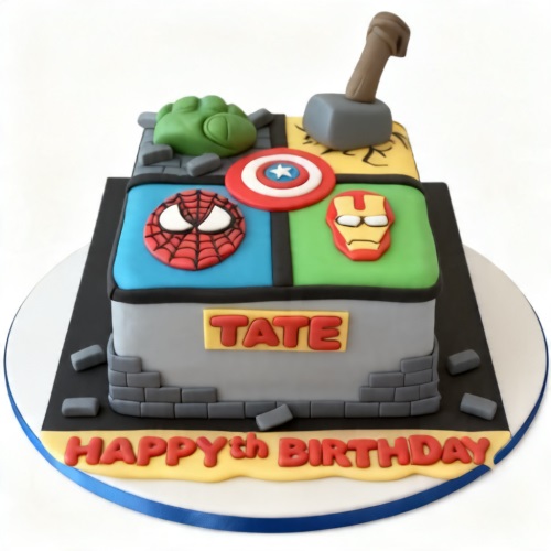 Square superhero theme birthday cake with Hulk, Thor, Captain America, Spiderman, and Iron Man decorations.