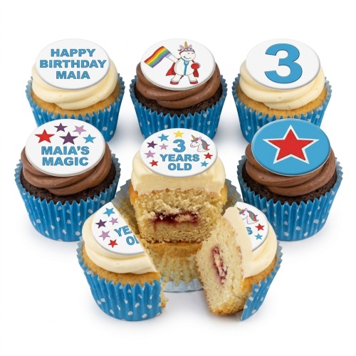 Assorted cupcakes with unicorn, rainbow, star, and custom age toppers in blue polka dot cases.