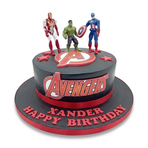 Round black cake with red Avengers logo, Iron Man, Hulk, Captain America toppers, and red stars.
