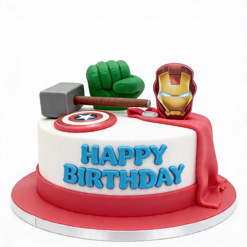 White round Avengers birthday cake with Hulk, Thor, Captain America, and Iron Man toppers.