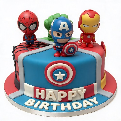 Round, single-tier superhero birthday cake with Spider-Man, Captain America, Iron Man, and Hulk figurines, and 'Happy Birthday' message.