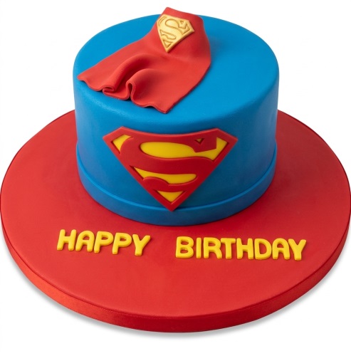 Round blue and red Superman themed birthday cake with a large 'S' logo and a red cape on top, with 'HAPPY BIRTHDAY' written on the red cake board.