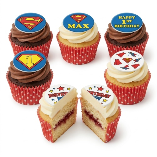 Superman themed cupcakes with red and blue toppers, showing Superman logo, flying figures, and custom age/name examples.