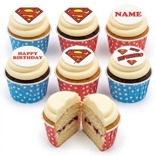 Superman themed cupcakes with iconic 'S' shield toppers and custom message examples.
