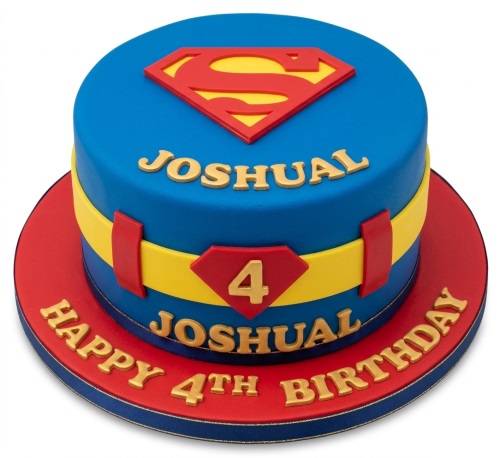 Round blue, red, and yellow Superman Birthday Cake with a custom age and personalised name.