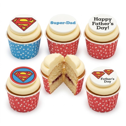 Superman and Father's Day themed cupcakes with white icing and polka dot cases, some with 'Super-Dad' and 'Happy Father's Day!' messages.
