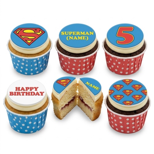 Superman themed birthday cupcakes with custom age and personalised name toppers.