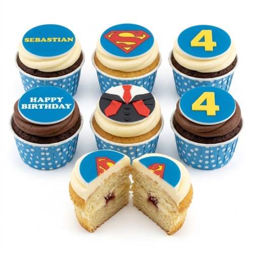 Cupcakes with Superman logo, suit and tie, Happy Birthday message, and custom age number toppers.