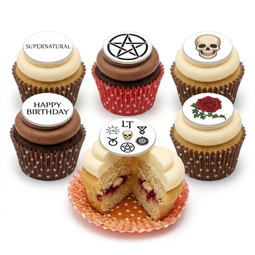 Supernatural themed birthday cupcakes with pentagram, skull, rose, and show symbols on edible toppers.