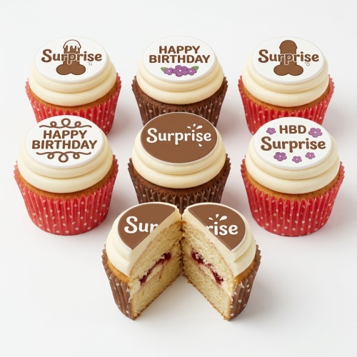 A selection of cupcakes with cream frosting and edible toppers, some with 'Surprise' and a penis illustration, others with 'Happy Birthday' and flowers, and one with 'HBD Surprise' and flowers.