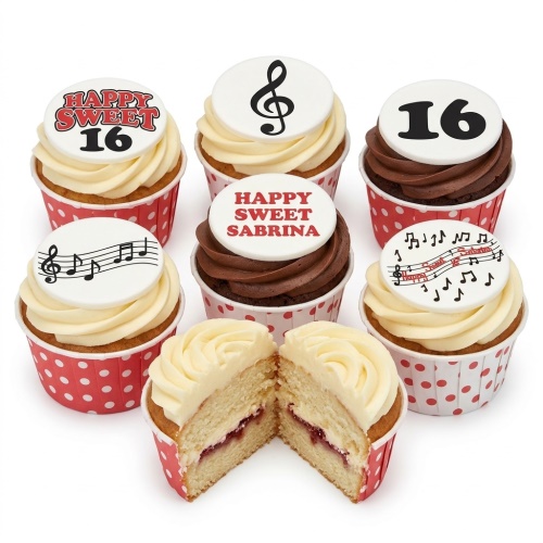 Sweet 16 birthday cupcakes with musical notes, treble clef, and custom age toppers in red polka dot cases.