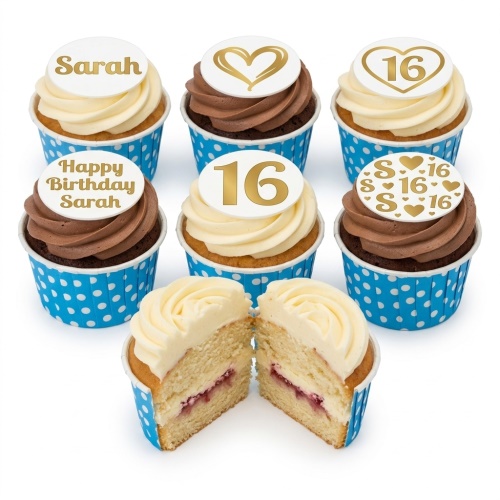Vanilla and chocolate cupcakes with white and gold custom age and name toppers, in blue polka dot cases.