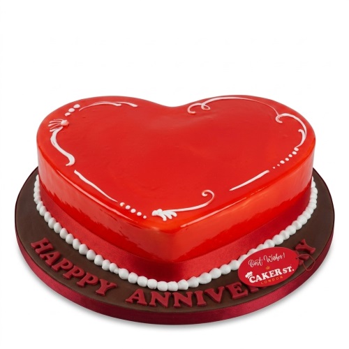 Red heart-shaped anniversary cake with glossy glaze, white piped swirls, and 'Happy Anniversary' message on the board.
