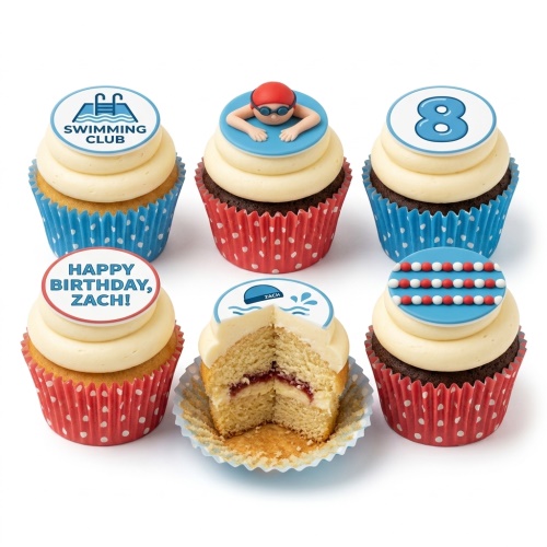 A selection of swimming themed cupcakes with blue and red decorations, including a swimmer figure, a swimming club logo, and a custom age topper.