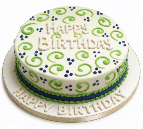 Round white birthday cake with green swirls, blue dots, and 'Happy Birthday' text.