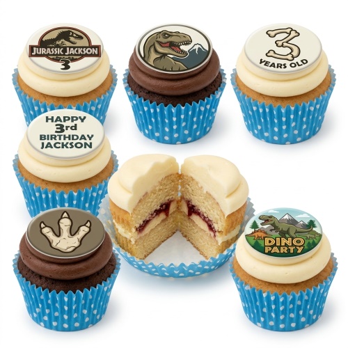 A set of dinosaur-themed birthday cupcakes with vanilla and chocolate frosting, featuring T-Rex, dinosaur footprint, and "Dino Party" toppers, in blue polka dot wrappers.