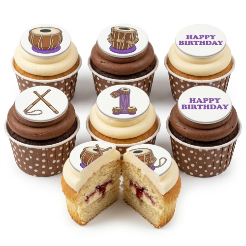 Cupcakes with edible Tabla drum and drumstick toppers, some featuring 'Happy Birthday' and a custom age design.