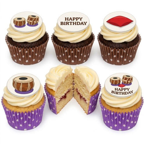 Set of cupcakes with white frosting and edible toppers featuring Indian tabla drums and 'Happy Birthday' message.
