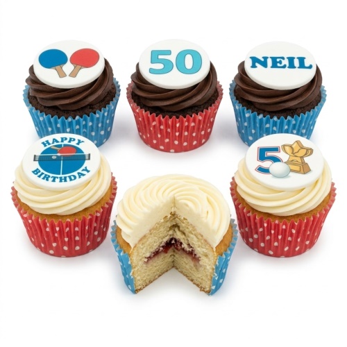 Six table tennis themed birthday cupcakes with custom age and name toppers.