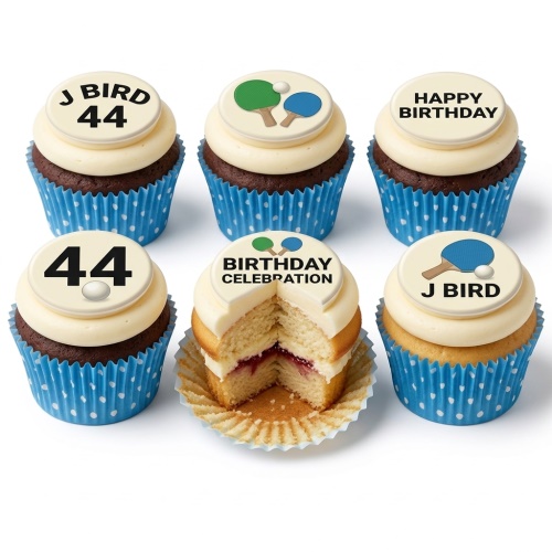 Six cupcakes with white frosting and table tennis themed toppers, some showing custom age and name.