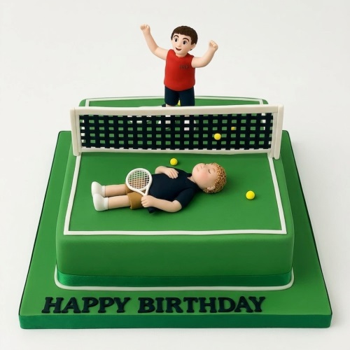 Green tennis court birthday cake with two boy figurines, a tennis net, and yellow tennis balls.