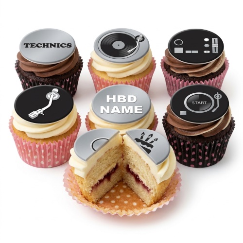 Assortment of DJ themed cupcakes with turntable, mixer, and Technics logo toppers, including a custom birthday message.